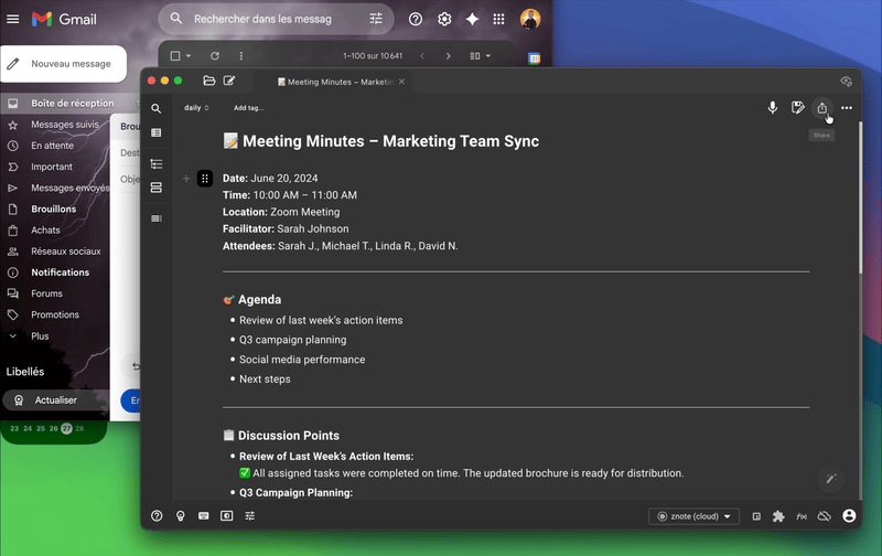 Copy meeting notes from Znote and paste in Gmail with rich formatting