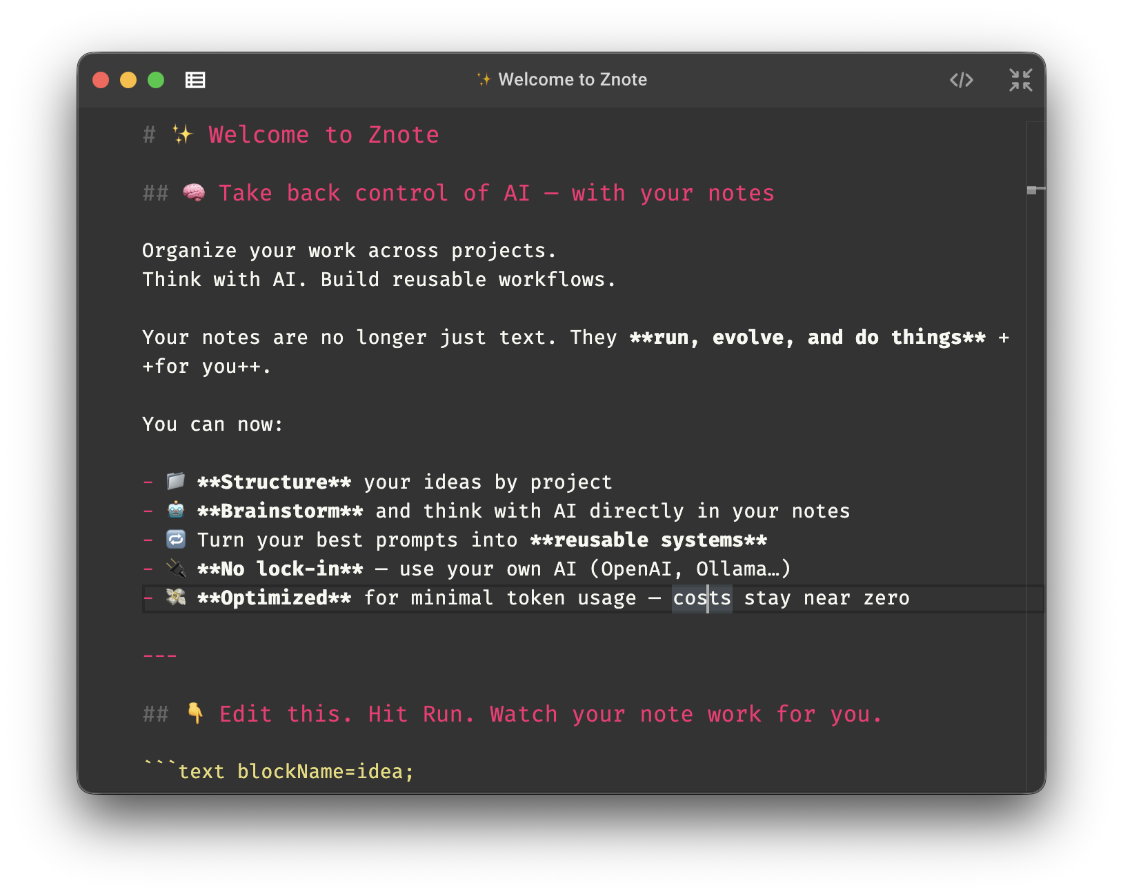Code mode — Dark theme