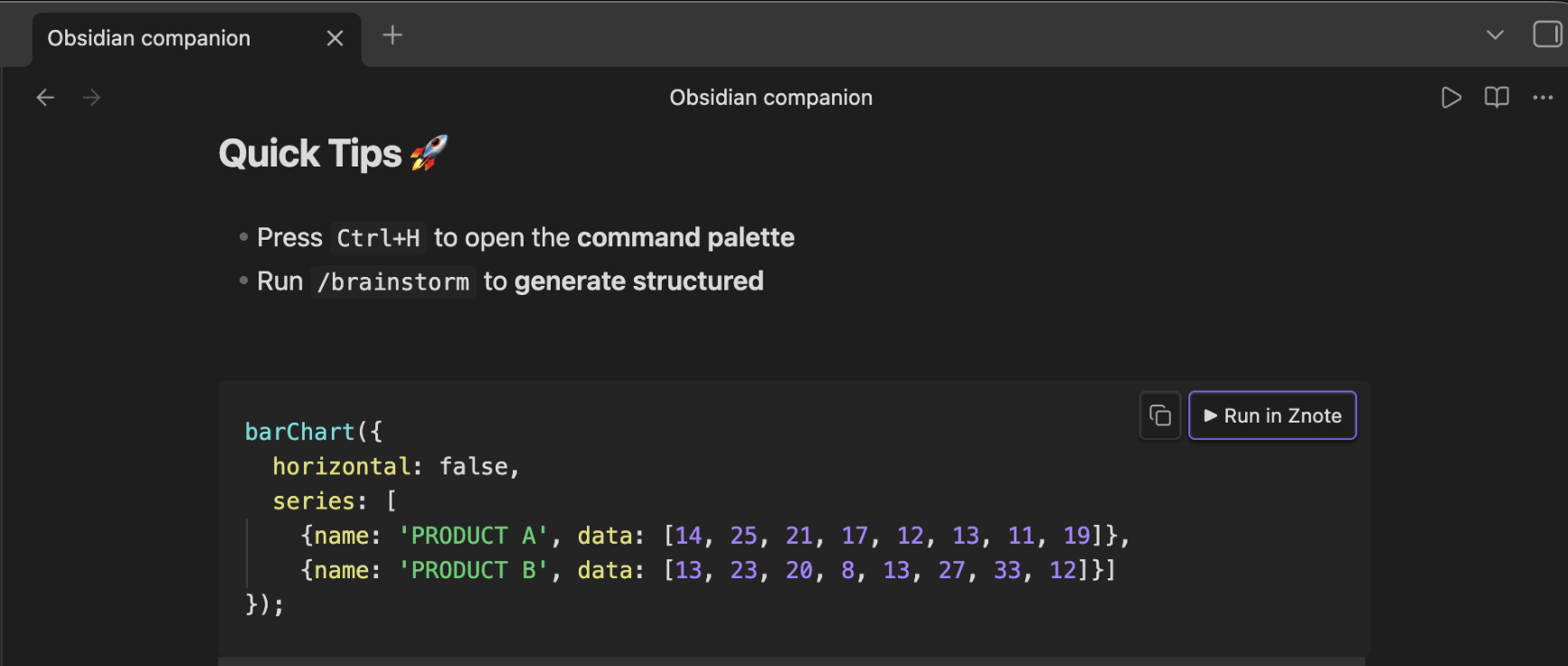 A note in Obsidian with an executable barChart code block — the Znote companion plugin adds copy and ▶ Run in Znote buttons